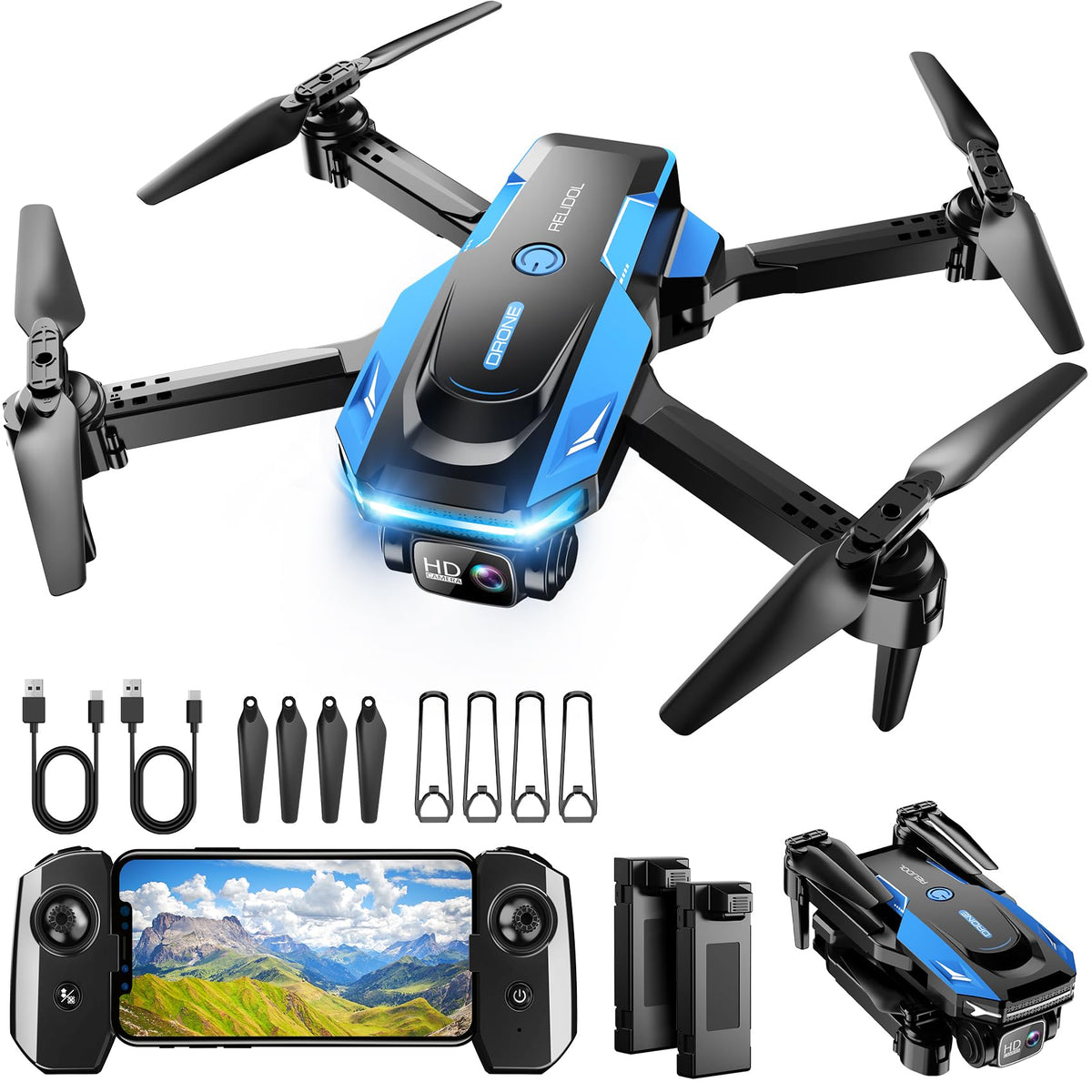 RELIDOL drone front view with 1080P camera for indoor beginner shots.