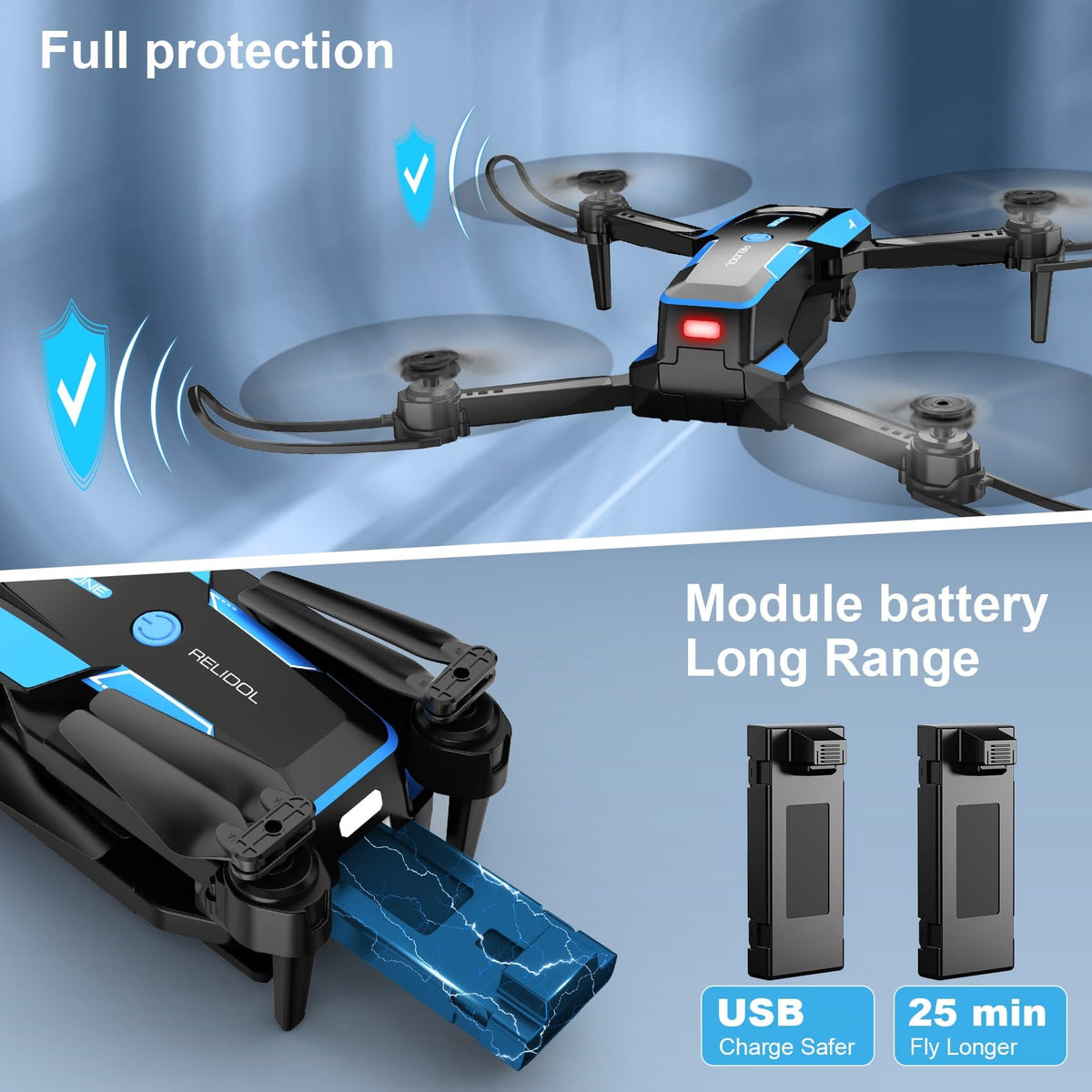 RELIDOL safety features with propeller guards and emergency stop.
