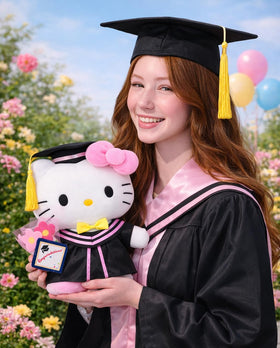 RELIGES 3-9-inch graduation plush cat keychain attached to bag.