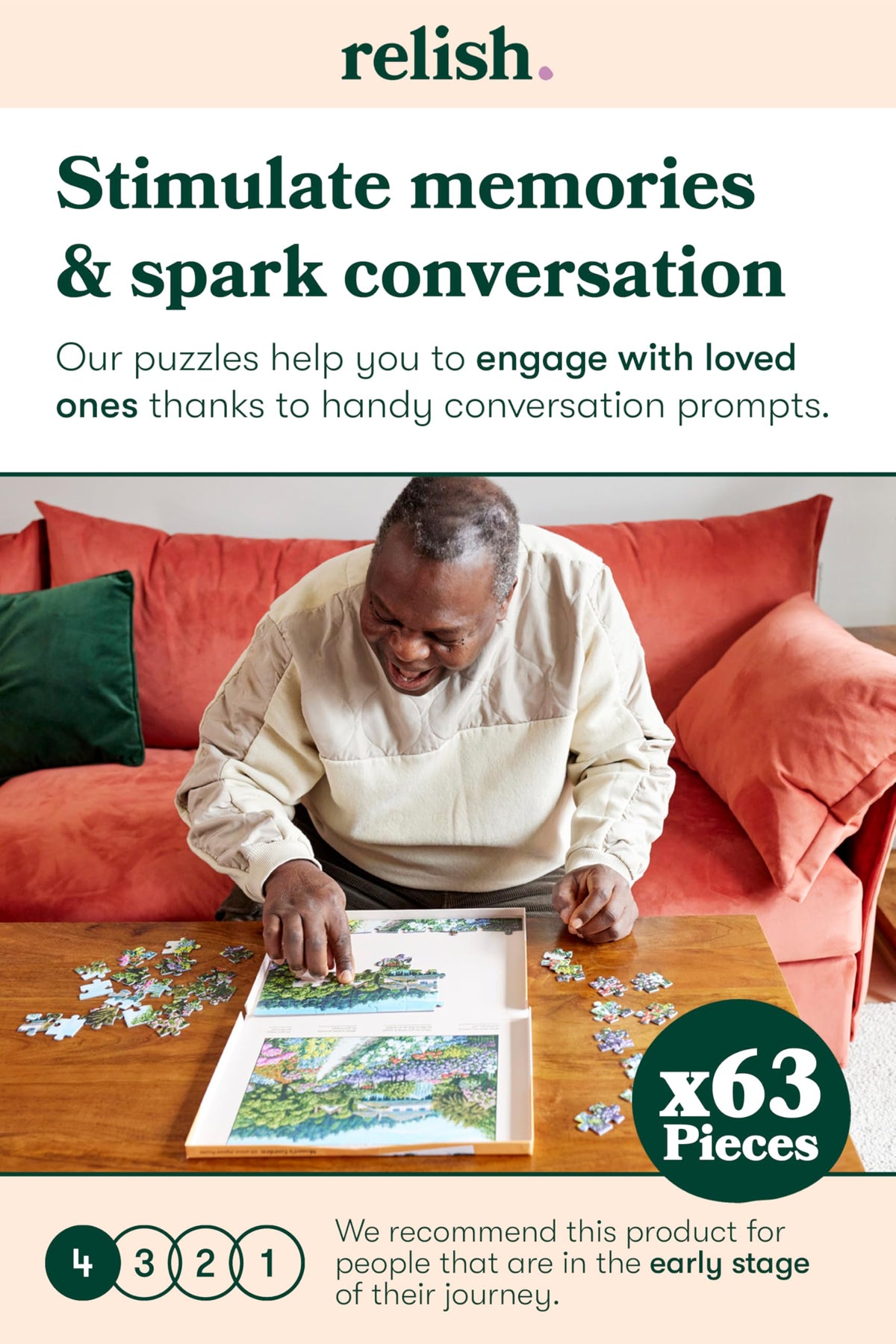 Relish Dementia Puzzles large-piece cardboard design supports easy handling and reuse.