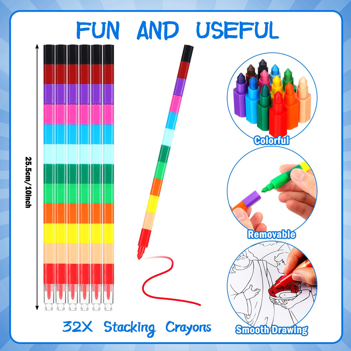 ReliThick 32 stacking crayons shown, easy to assemble and color for small hands