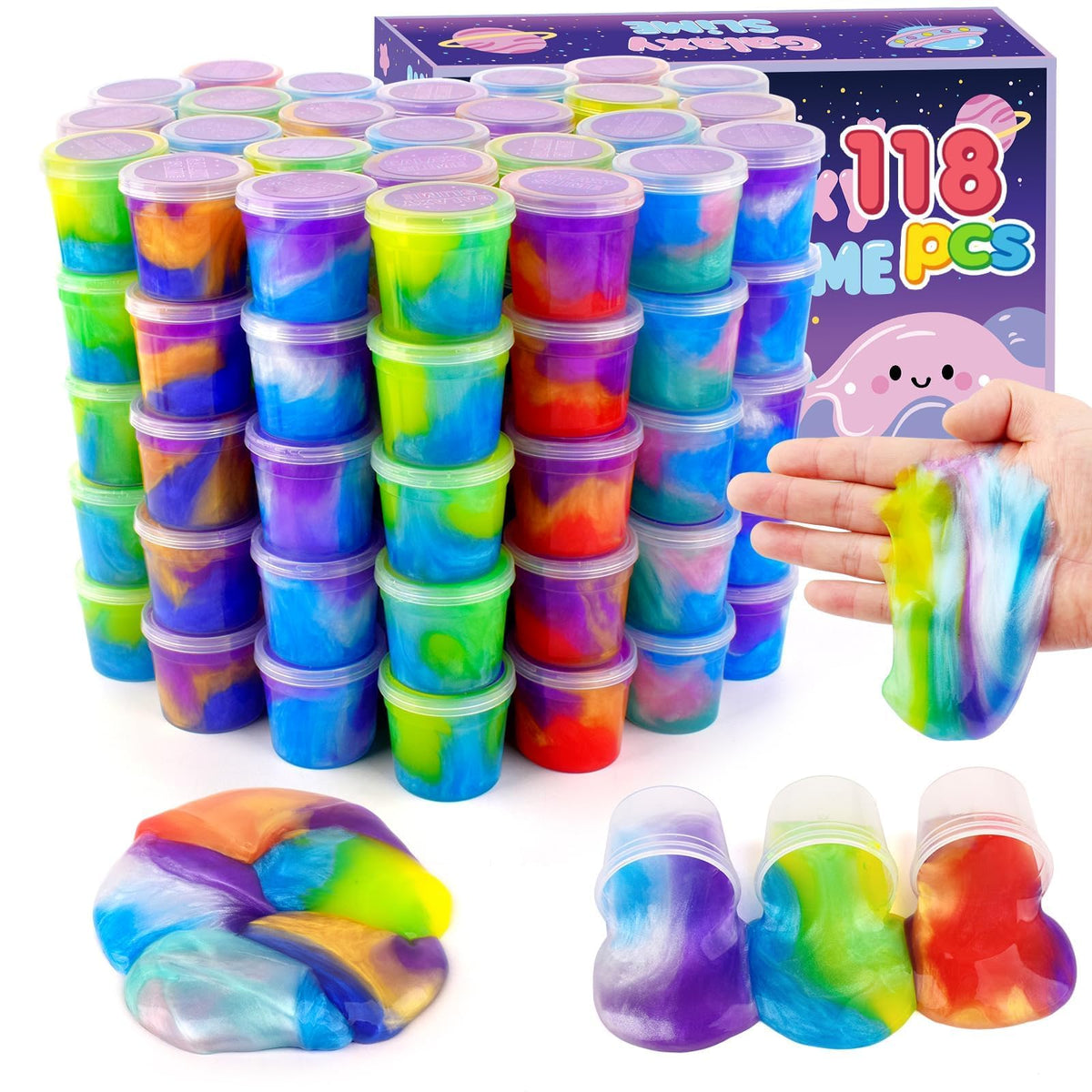 Remethsu Galaxy Slime 118-pack jars arranged for a colorful party experience.