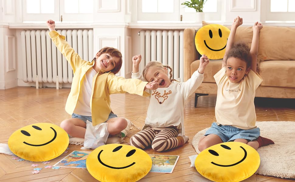 RENAMB Smiley Face Pillow 14-inch round shines on beds or sofas.