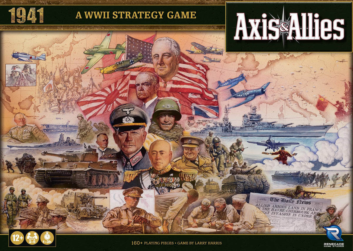 Renegade Game Studios Axis and Allies 1941 box cover showing epic WWII strategy for game night