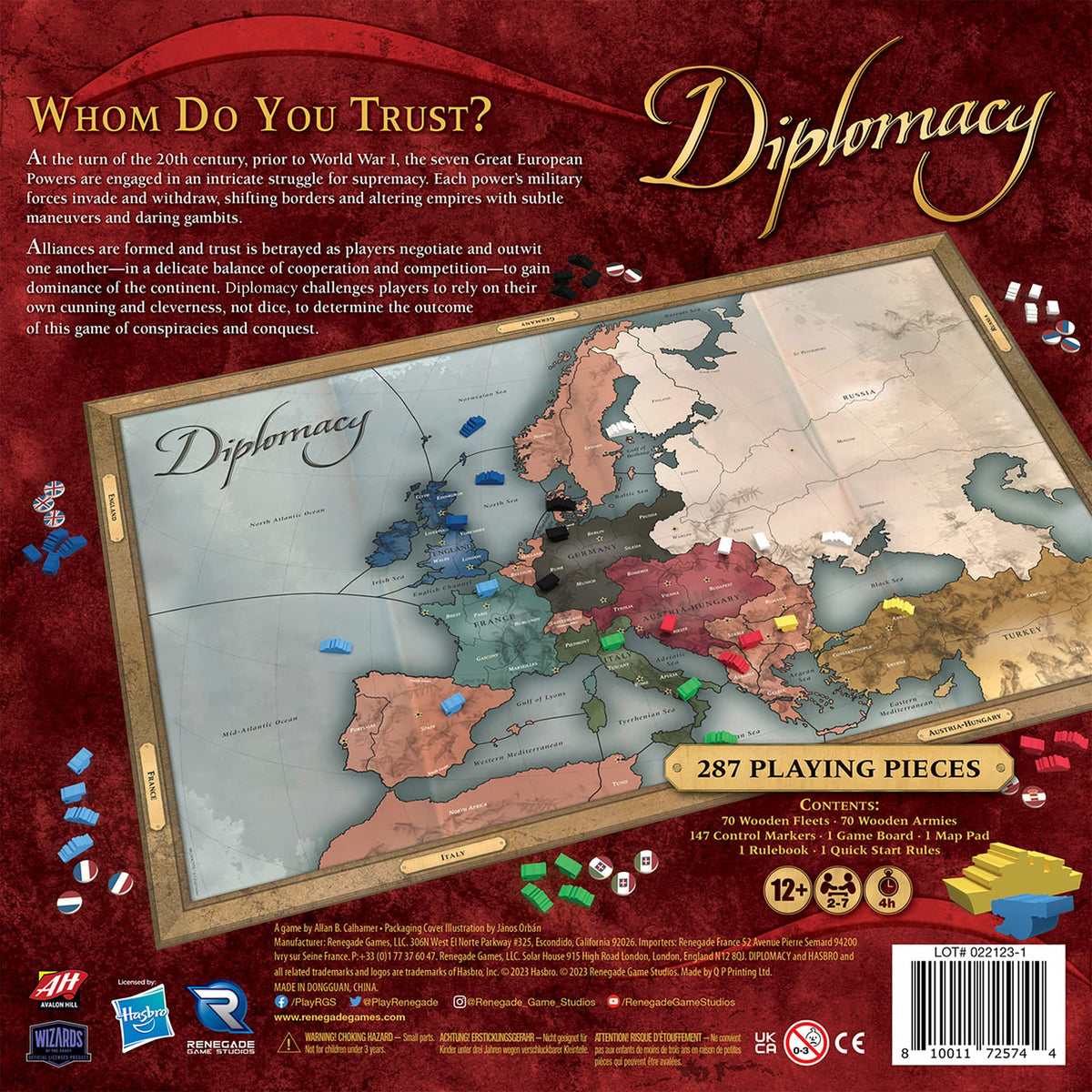 Renegade Game Studios Diplomacy wooden meeples representing armies and fleets add tactile realism.