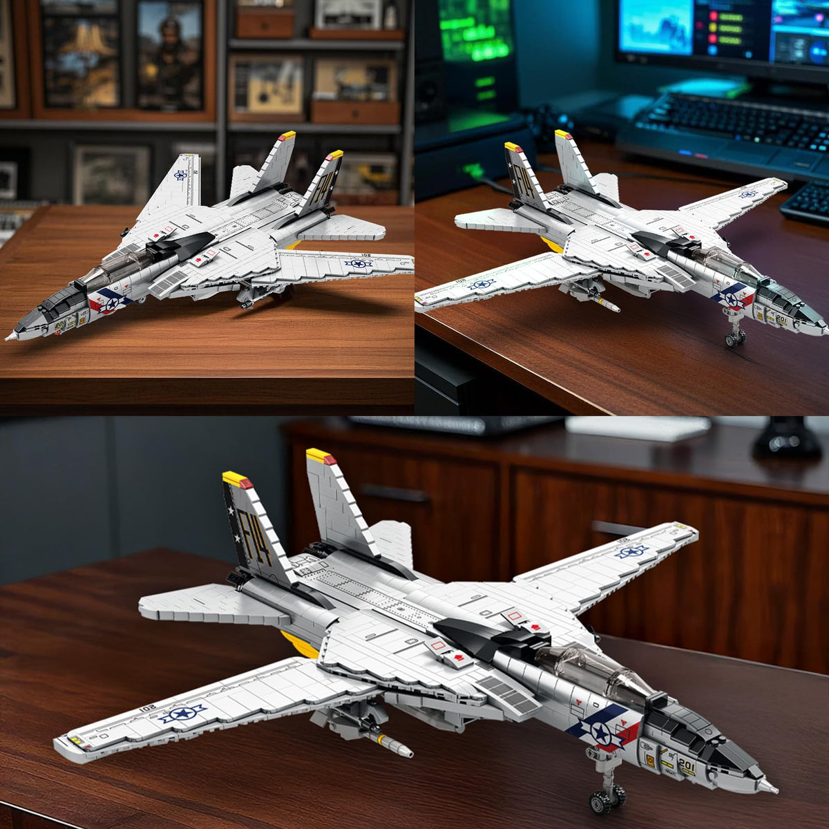 Reobrix F-14 jet displayed on shelf as collectible model