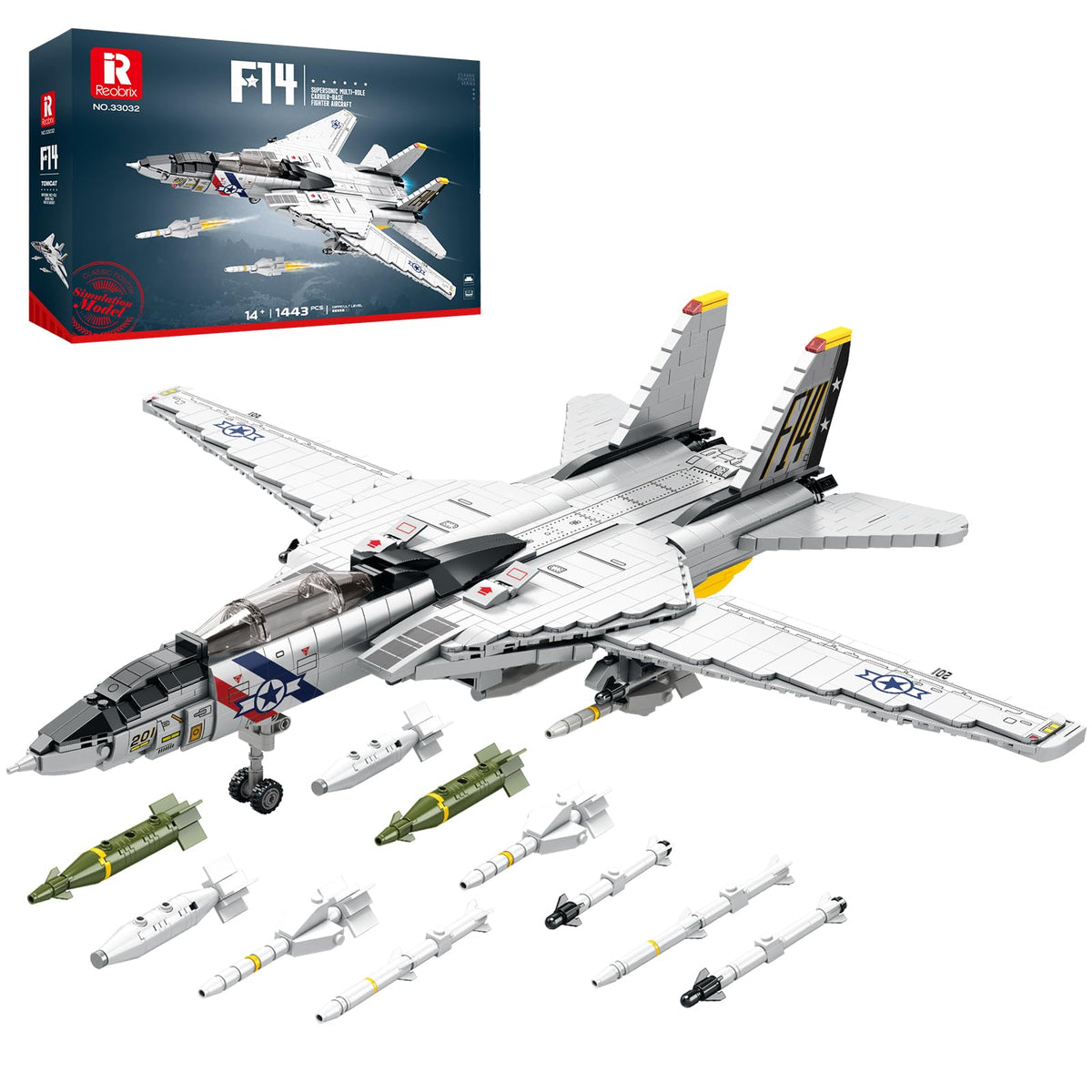 Reobrix F-14 jet building set front view showing realistic cockpit and decals