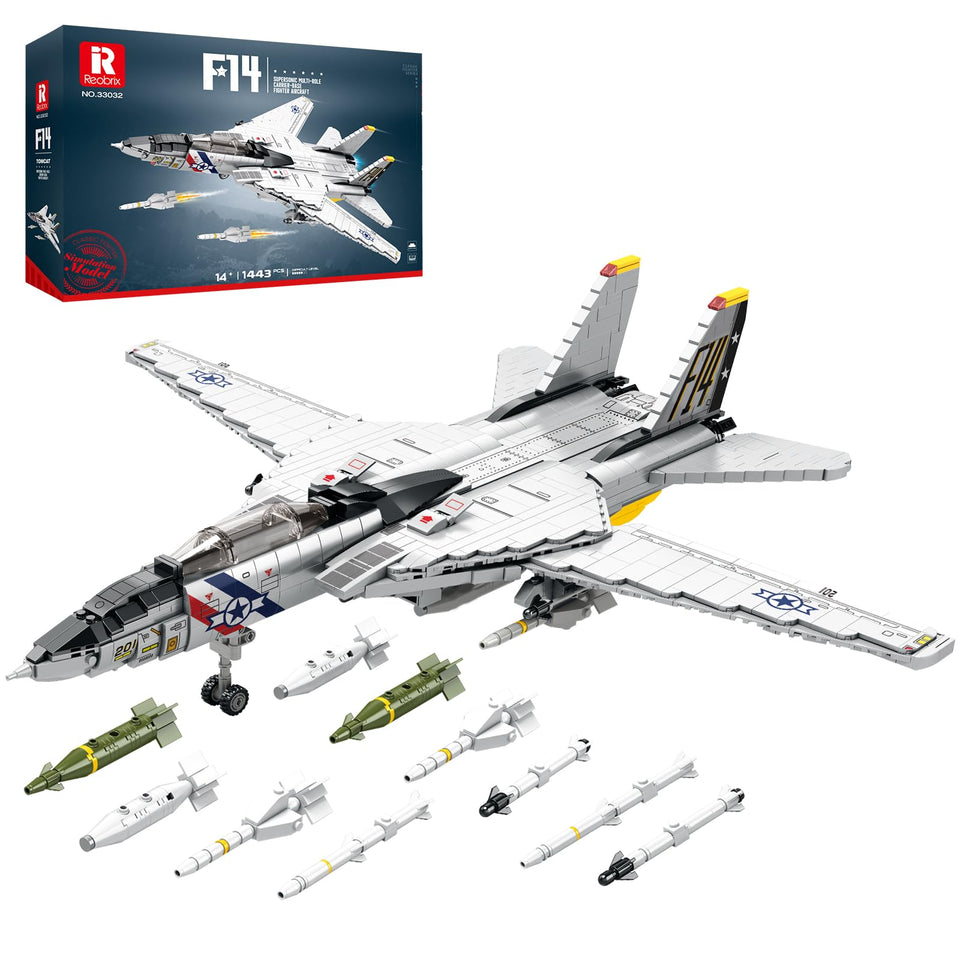 Reobrix F-14 jet building set front view showing realistic cockpit and decals