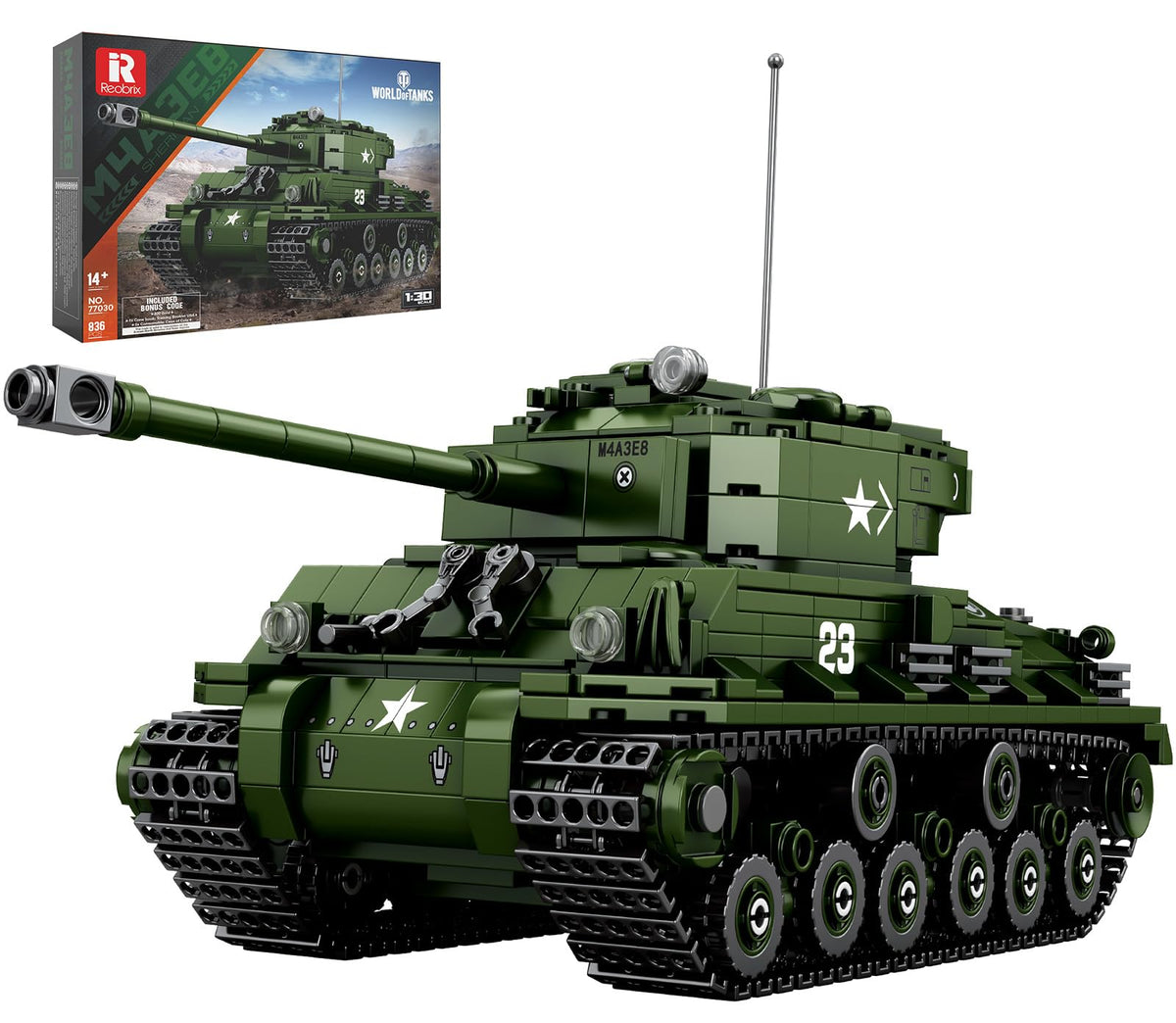 Reobrix M4A3E8 Sherman Tank model side view highlights accurate scale for display and dioramas