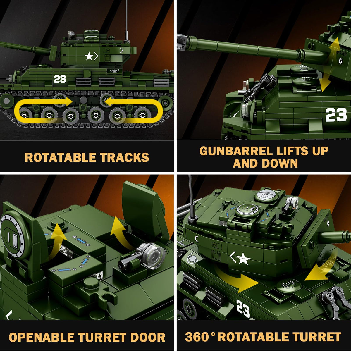 Reobrix M4A3E8 Sherman Tank turret hatch opens for added realism and play