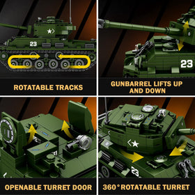 Reobrix M4A3E8 Sherman Tank turret hatch opens for added realism and play