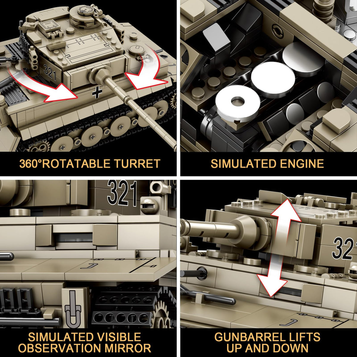 Reobrix Tiger I gun barrel moves up and down for realistic posing.