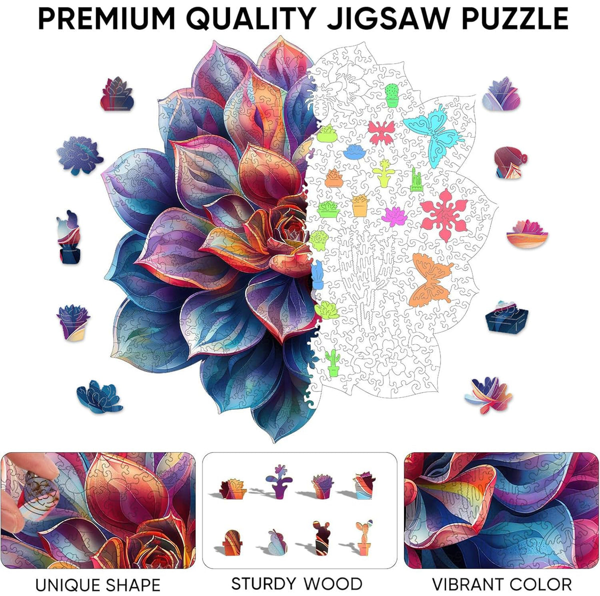 Reouinty unique-shaped-pieces wooden puzzle promotes collaborative problem solving.