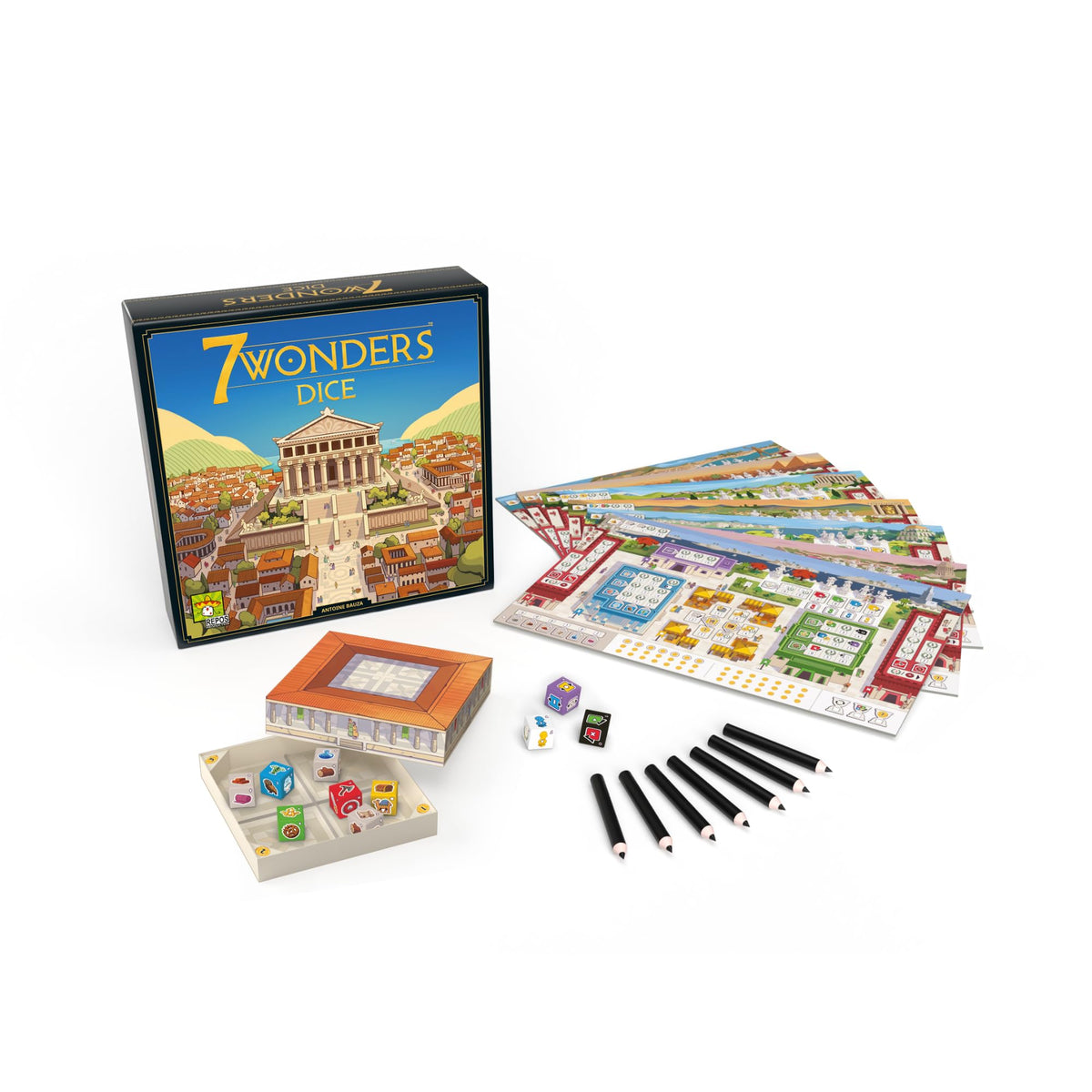 Repos Production 7 Wonders Dice Game wonder trays for organized setup and steady play