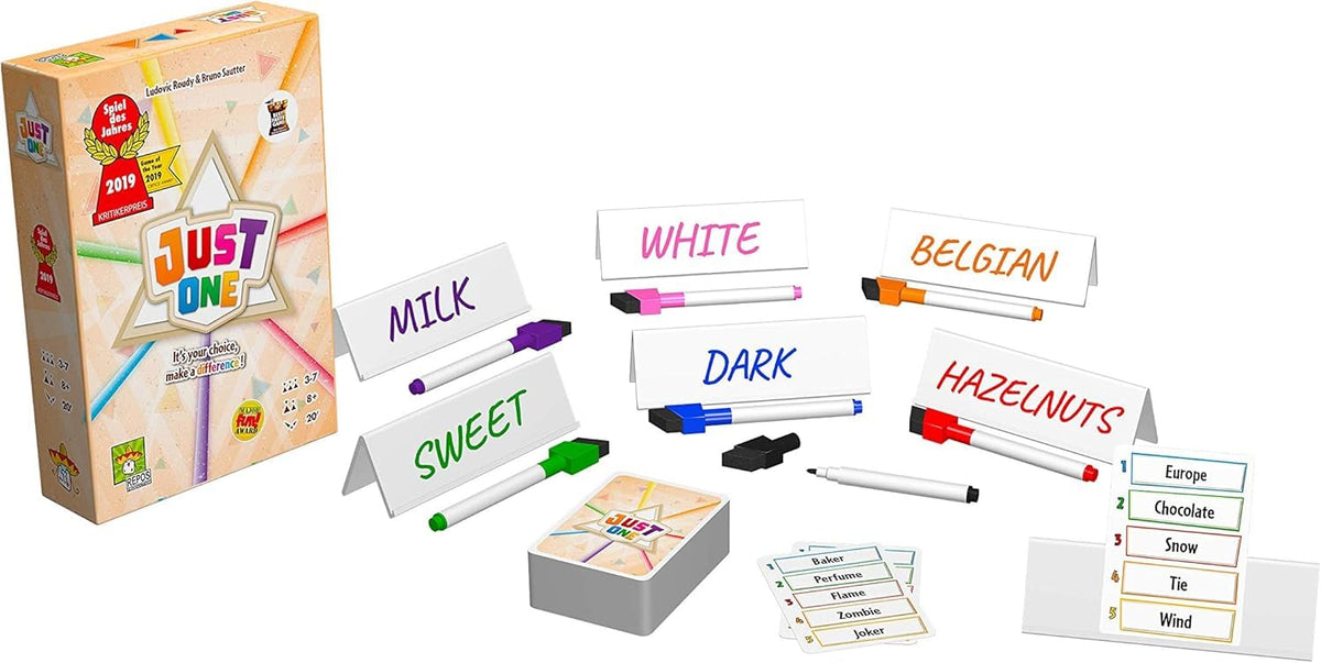 Repos Production Just One family game-night setup with players smiling and clues in use