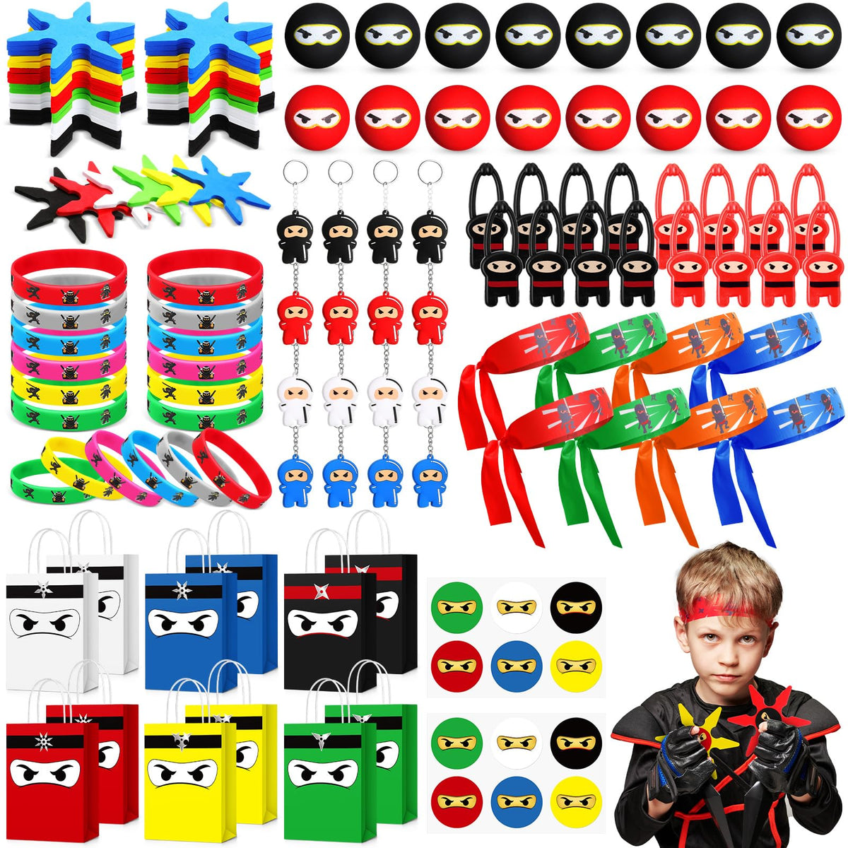 Resholder ninja gift bags showcase bold colors for kid-friendly party décor and favors