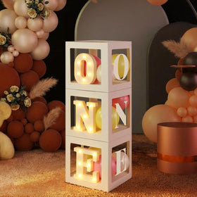 Resholder One balloon boxes with O N E letters for a first birthday backdrop