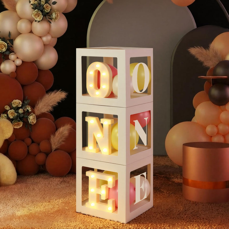 Resholder One balloon boxes with O N E letters for a first birthday backdrop