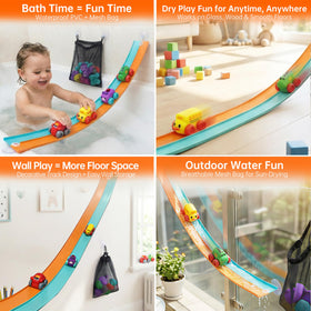 Resosese flexible PVC track invites imaginative, long-distance tub slides.