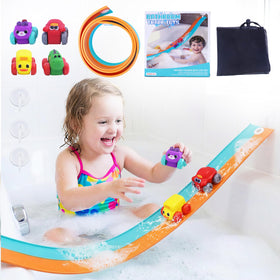 Resosese race car bath track in action for engaging tub play.