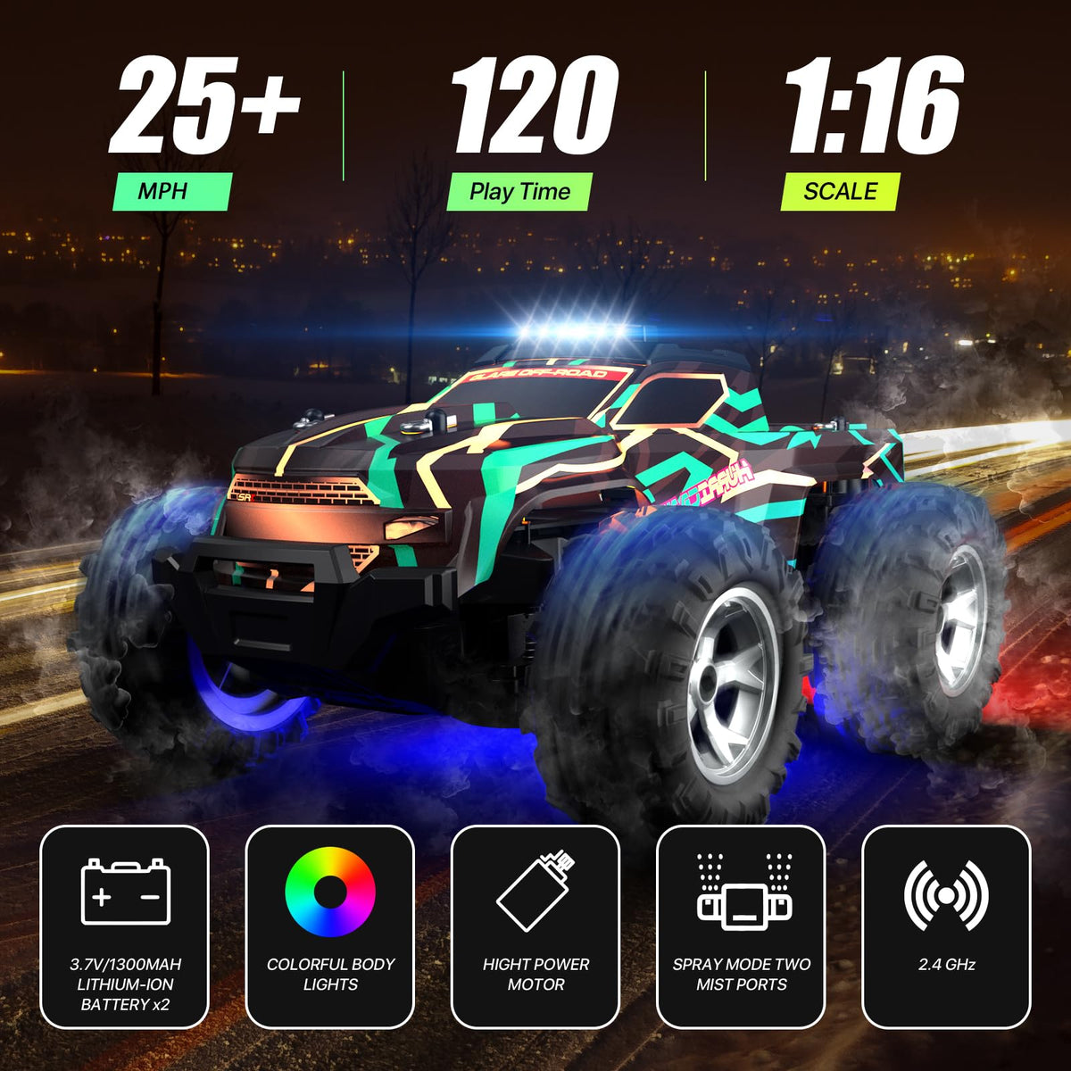Resosese RC car with LED lights and 16 color modes for dynamic play