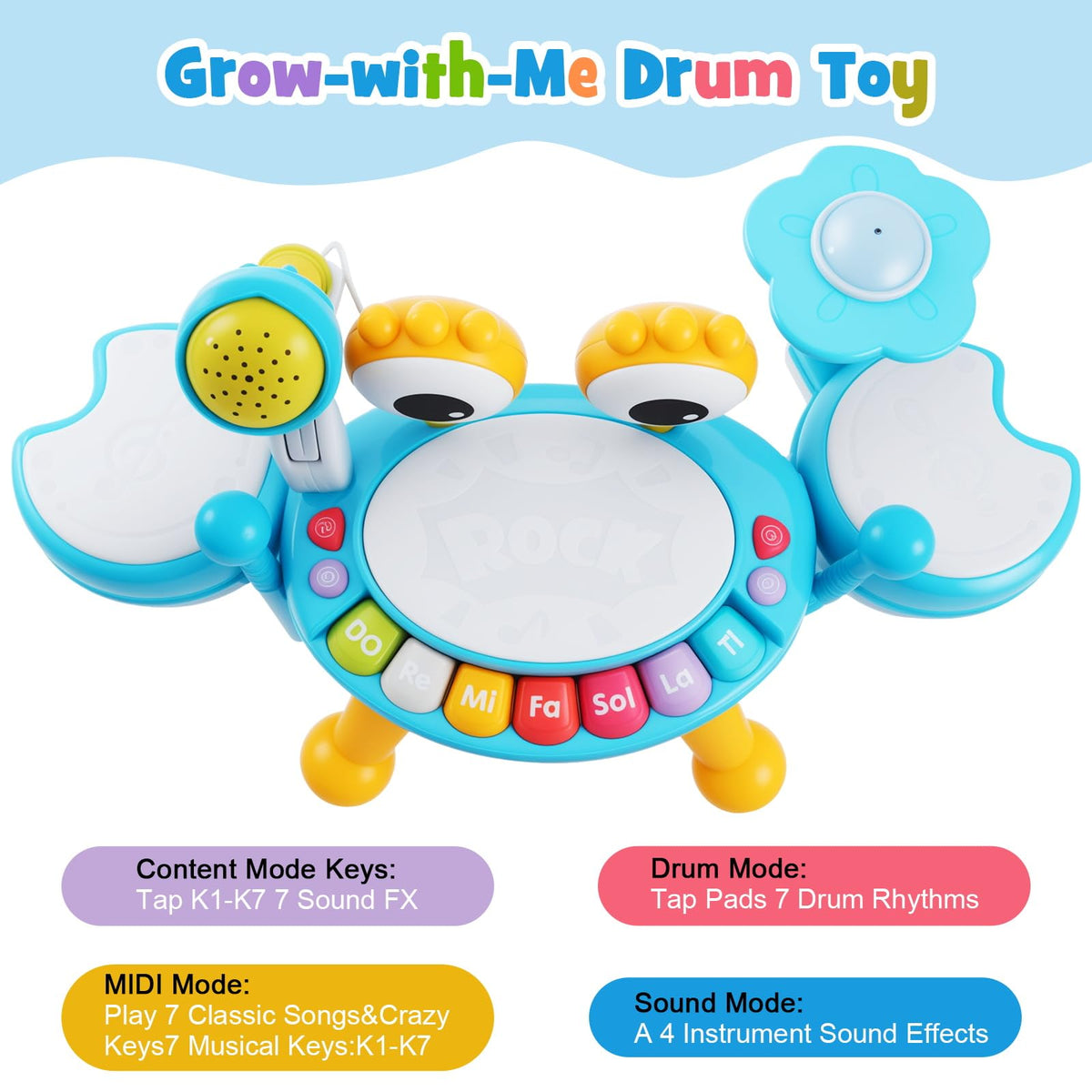 Gentle LED lights guide little ones through each musical moment.