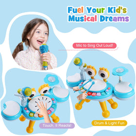 Four modes encourage curiosity with piano, animal sounds, drums, and songs.