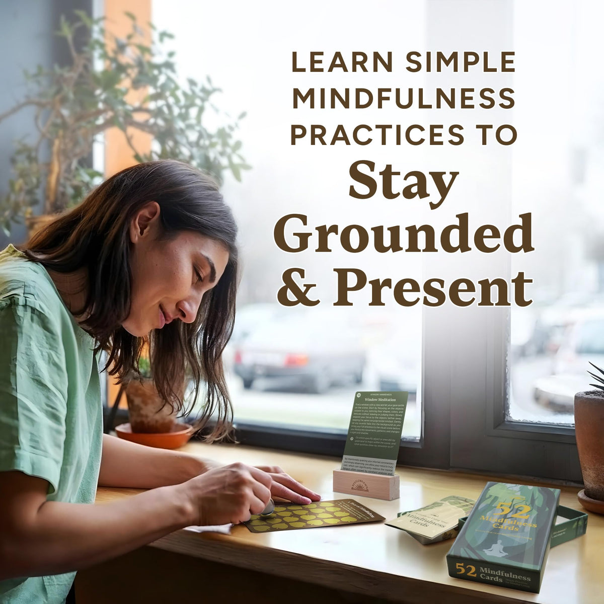 Resplendawn 52 Mindfulness Cards on stand promotes quick practice any time