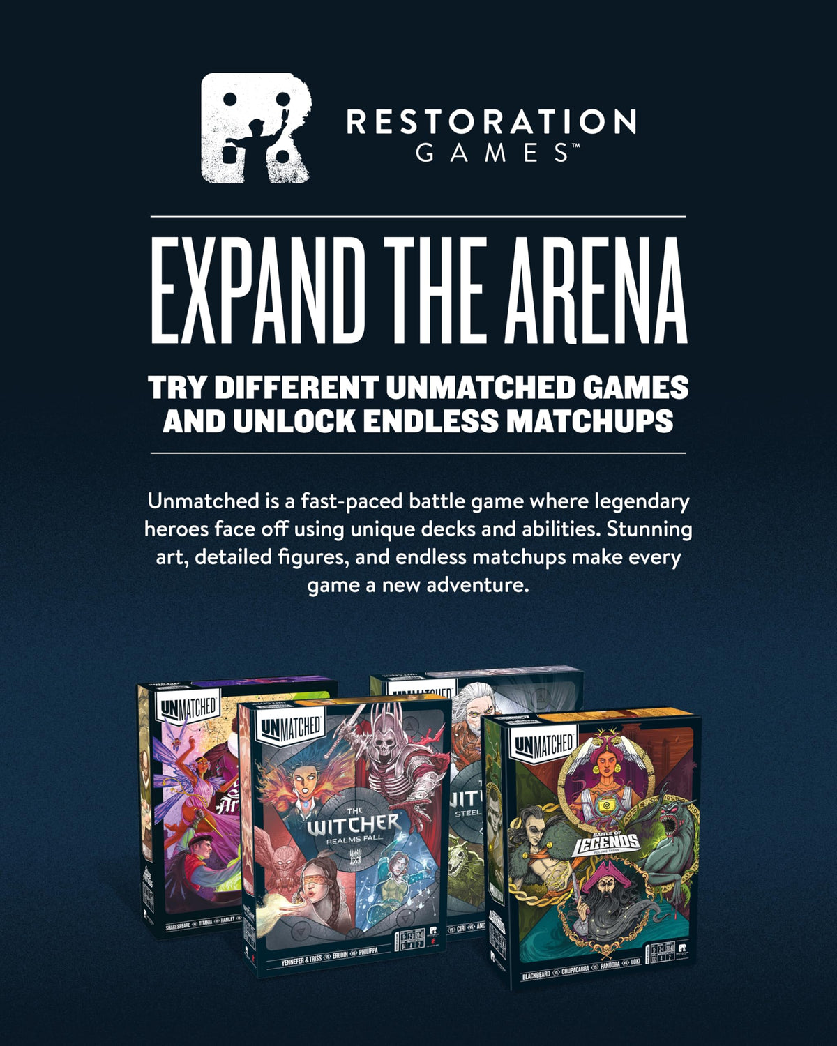 Restoration Games Unmatched box contents deliver a complete ready-to-play experience out of the box.