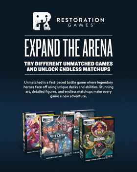 Restoration Games Unmatched box contents deliver a complete ready-to-play experience out of the box.
