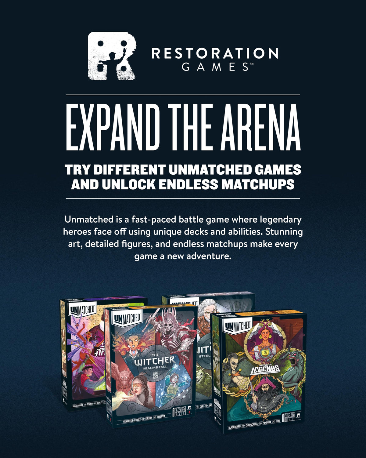 Restoration Games Unmatched Vol 3 full set art showcases premium components