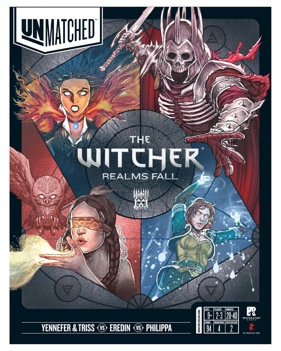 Restoration Games Unmatched Witcher Realms Fall hero miniatures on the battlefield