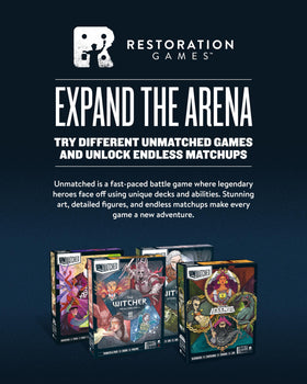 Restoration Games Unmatched Witcher Realms Fall compact box fits shelves