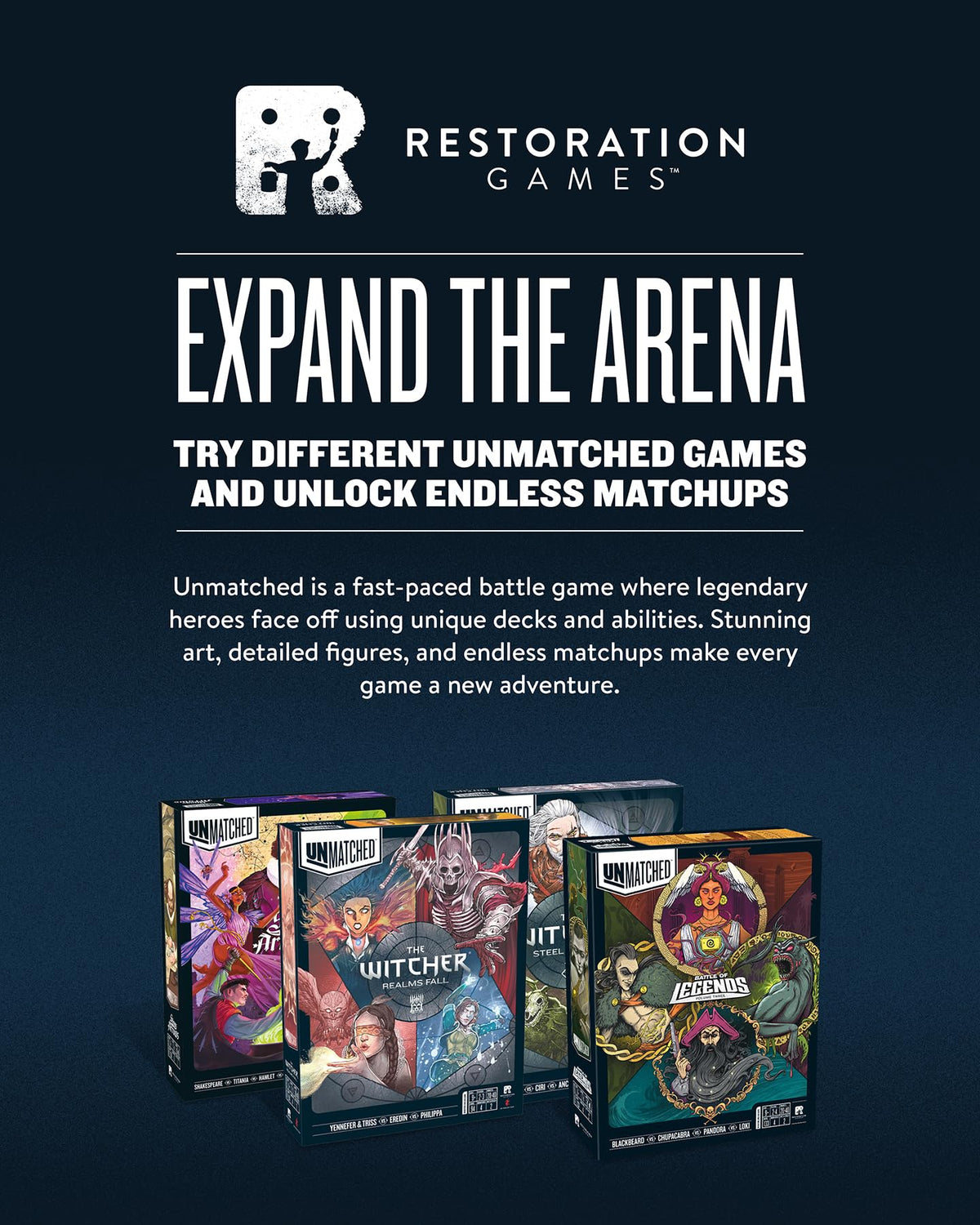 Restoration Games Unmatched Witcher three heroes with distinct decks for varied matchups.