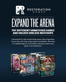 Restoration Games Unmatched Witcher three heroes with distinct decks for varied matchups.
