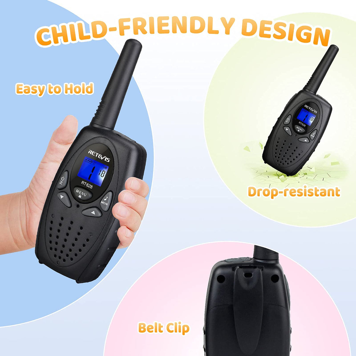 Retevis RT628 keypad close-up highlighting easy-to-use controls for kids