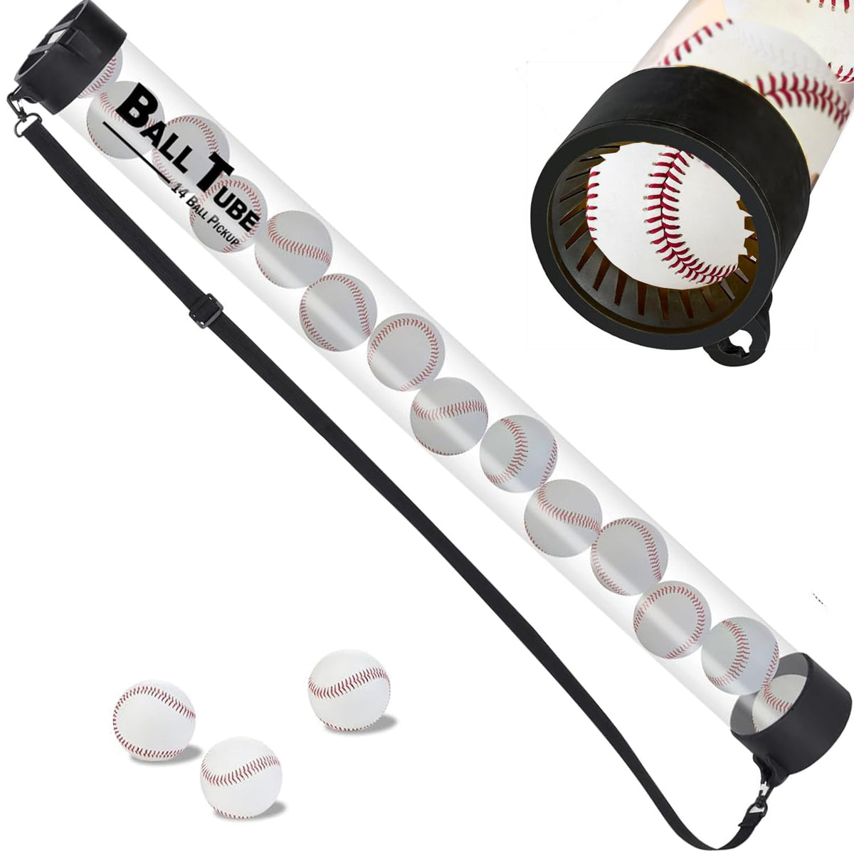 Retrora baseball pickup tube holds 14 balls, speeding field cleanup.