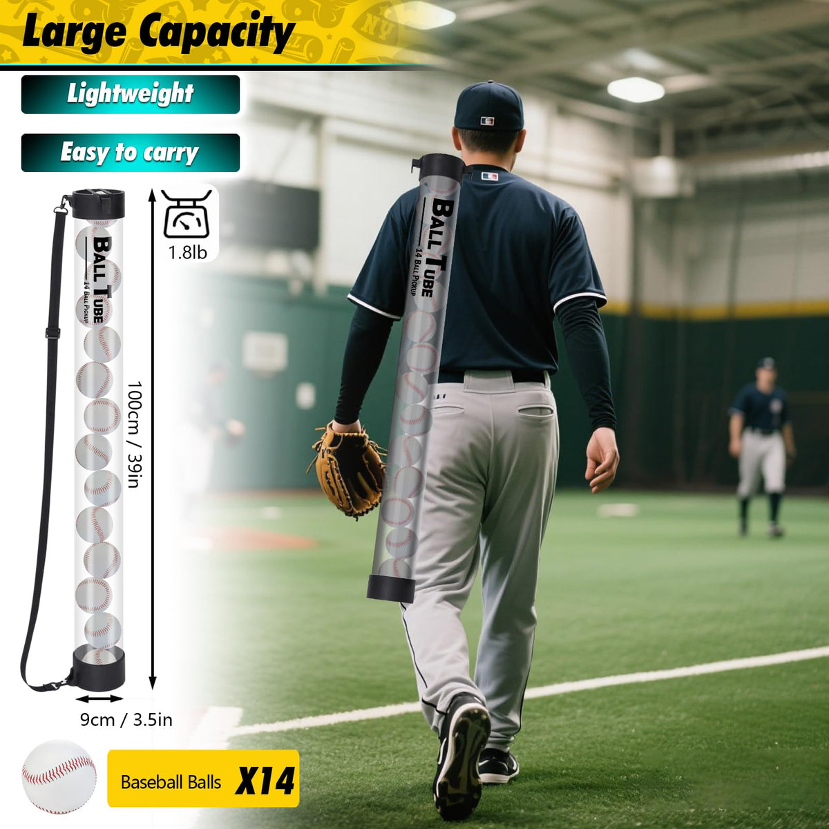 Retrora baseball pickup tube with shoulder strap for easy transport.