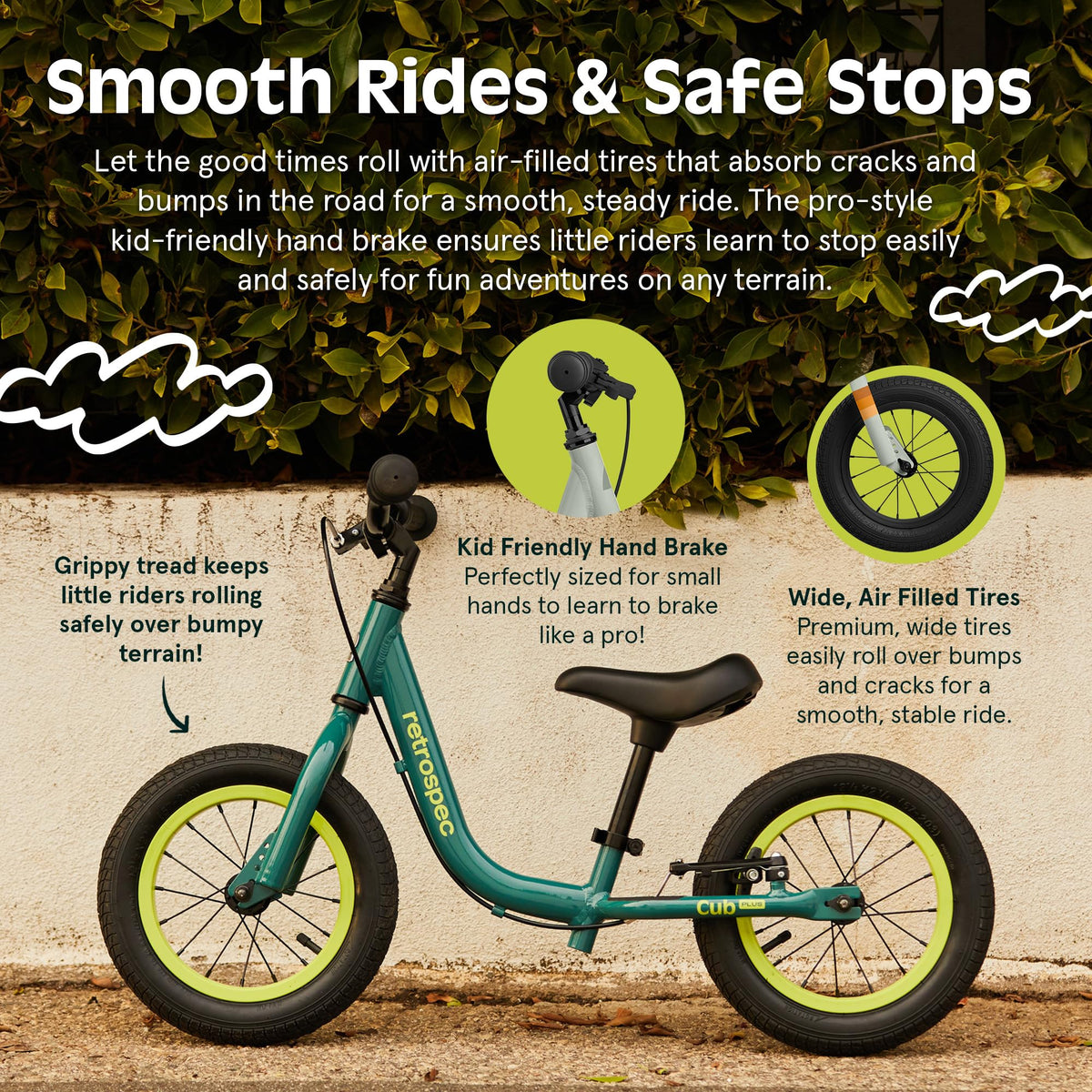 Retrospec Cub Plus V-brake system promotes early, controlled stopping.