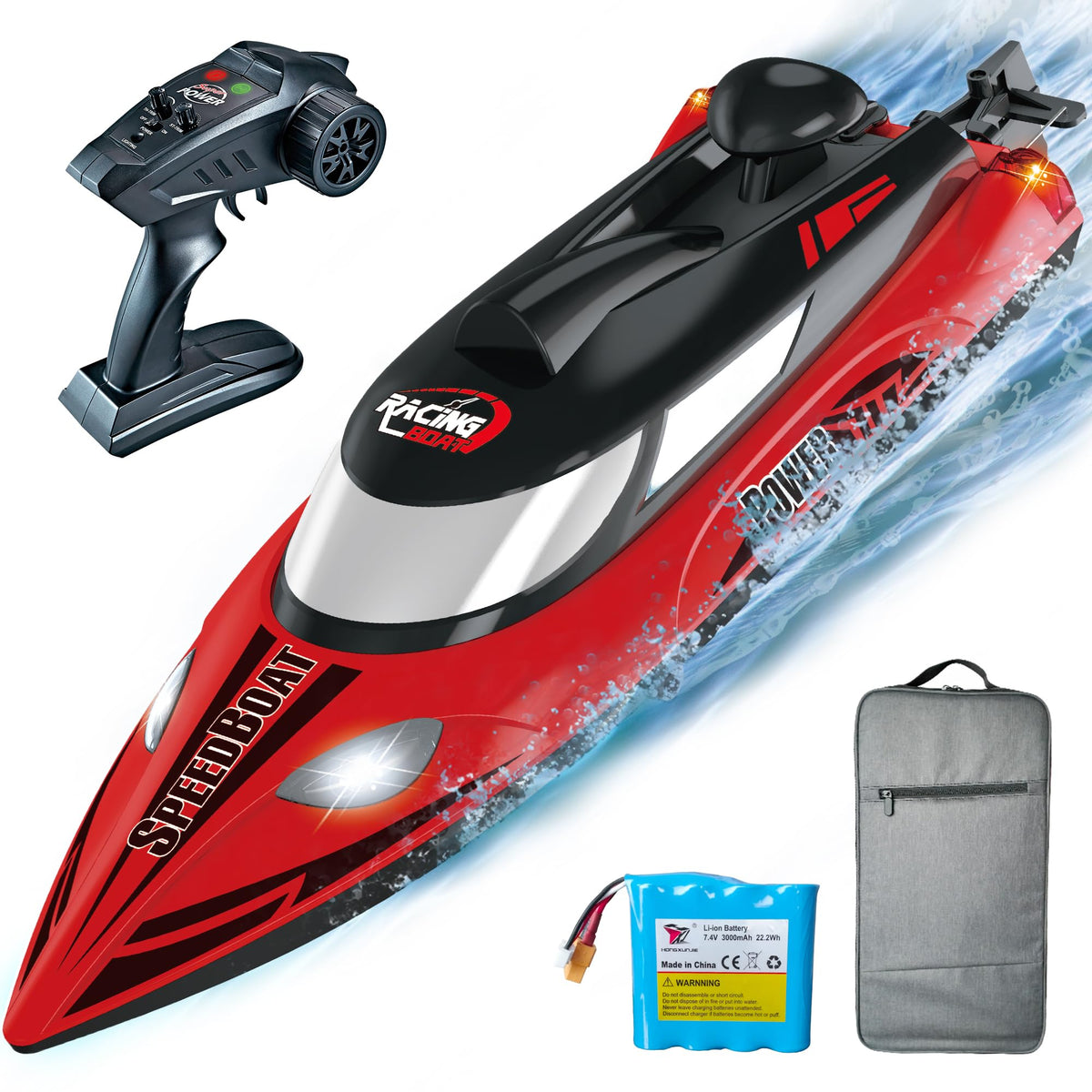 REV-UP 18-inch remote boat speeds across water for lake racing.