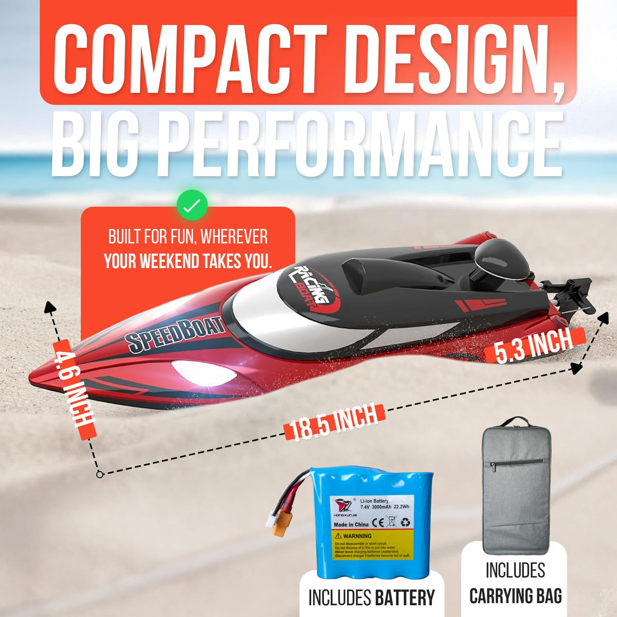 REV-UP RC boat travel bag ready for easy transport during family outings.