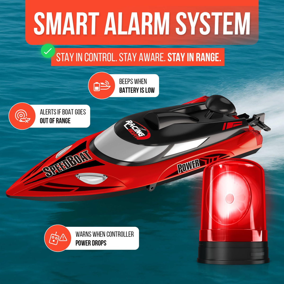 REV-UP smart alarm warns of low battery or out-of-range.