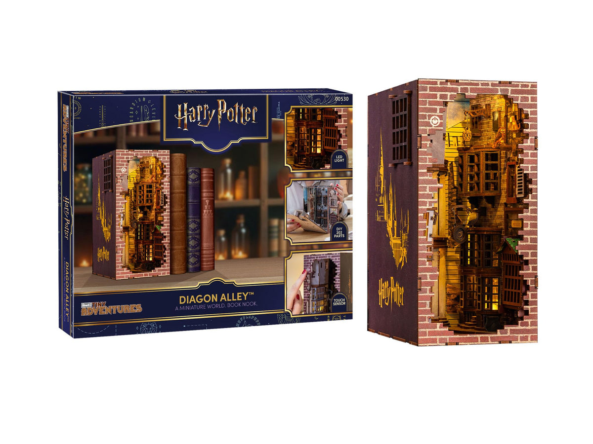 Close-up Revell Diagon Alley storefront details from the kit.