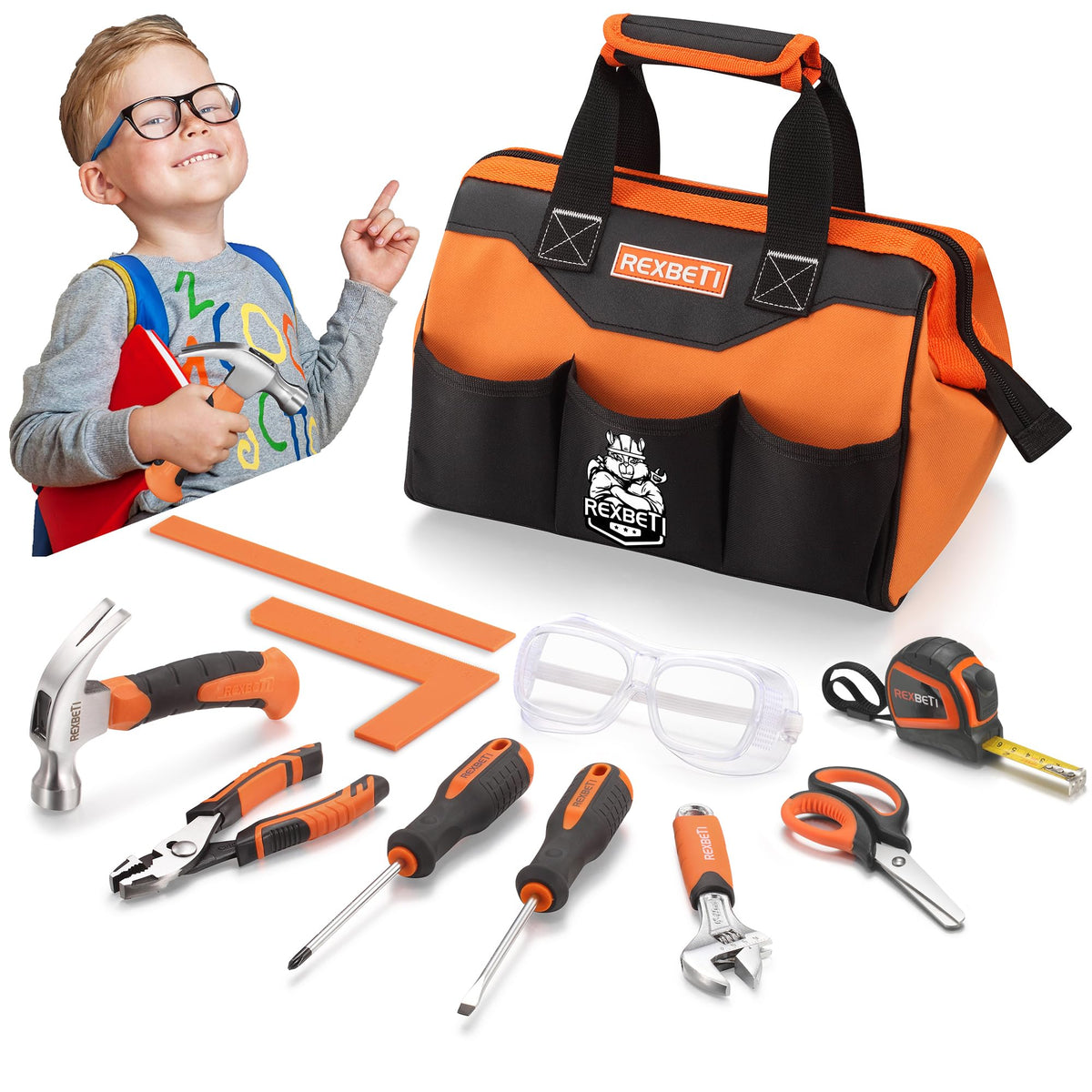 REXBETI 10-piece kids tool set with bag, ideal for organized after-school projects.