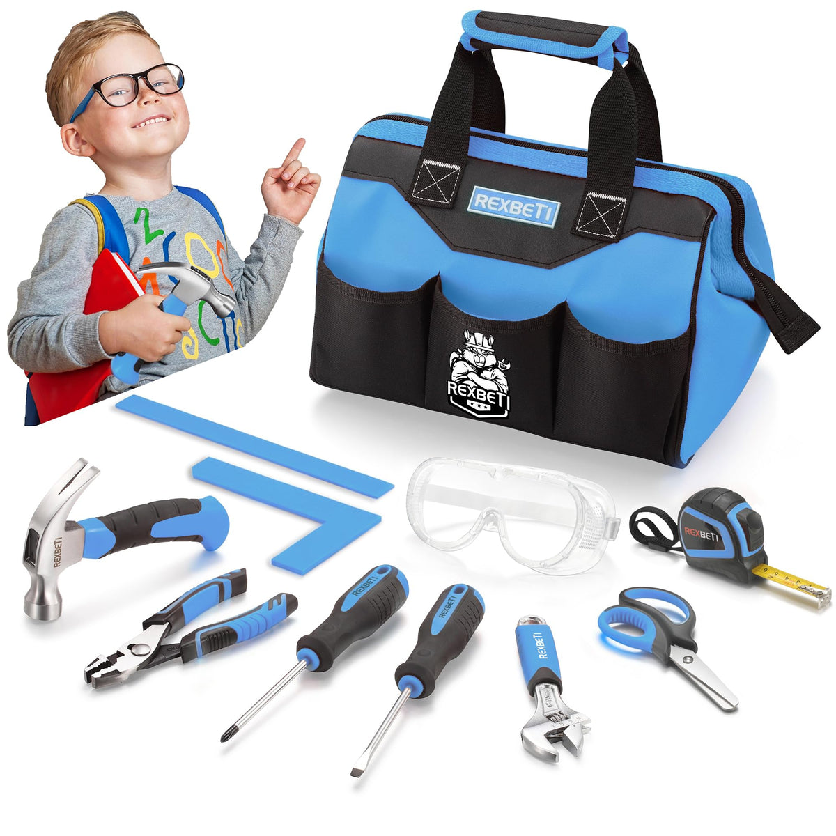 REXBETI kids tool bag view, durable storage for DIY projects