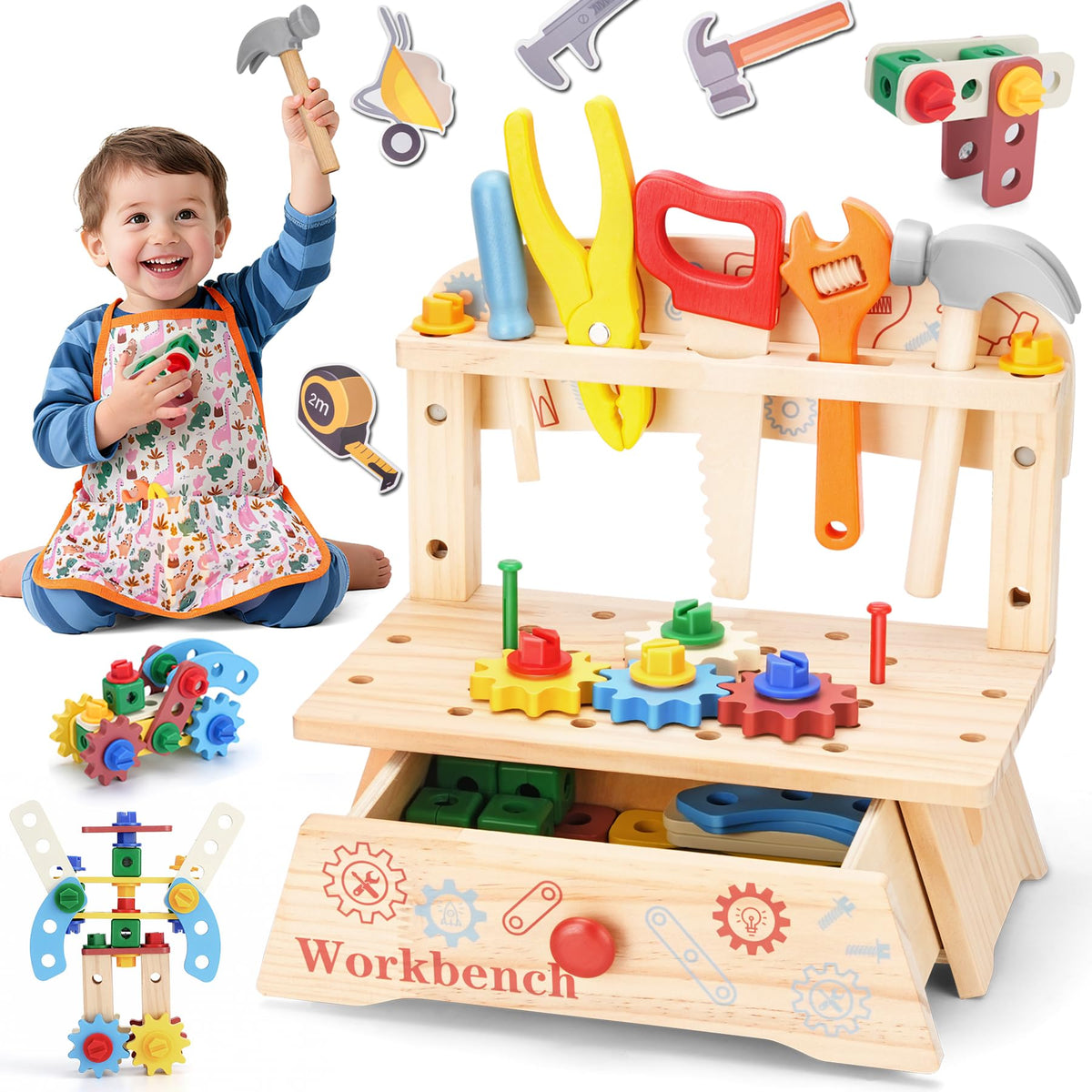 REXBETI kids tool set on a wooden bench for safe imaginative play