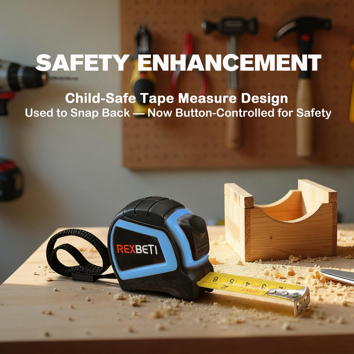 REXBETI kids tape measure image highlights kid-friendly sizing for projects