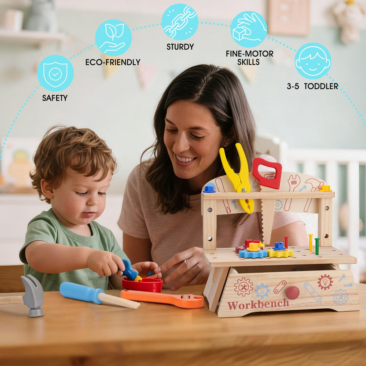 REXBETI wooden apron for kids keeps little carpenters tidy during play