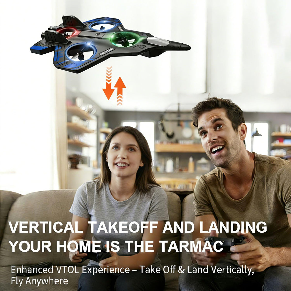 RGIMF blue foam RC airplane with LED lights against night sky for visibility