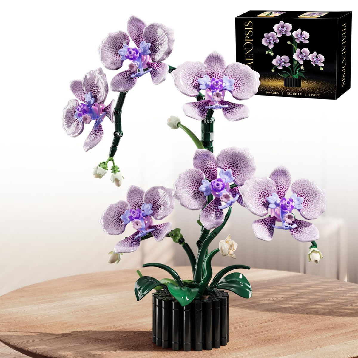 RGXRGX Purple Orchid Building Block Set with vase — detailed petals for elegant home display